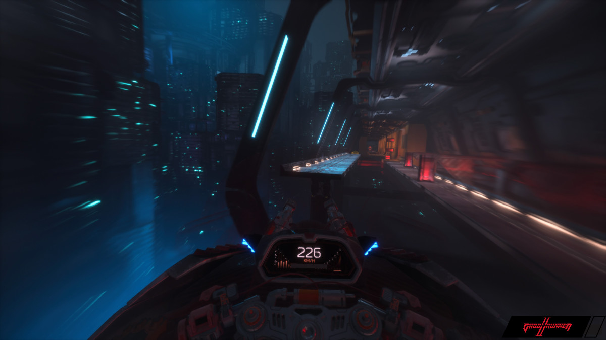 Ghostrunner 2 screenshot of a motorbike ride.